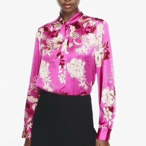 Zara Pink Floral Satin Tie-Neck Blouse